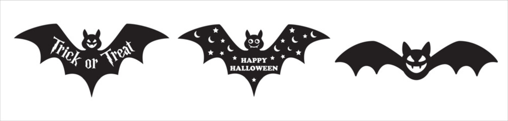 Bats silhouette vector set. Scary, spooky, and cute bat. Halloween bats collection. Vector illustration design template for stencil, wall decor, door decoration, sticker. Isolated on white background.