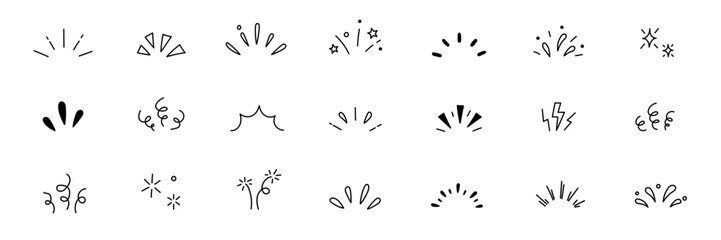 Line confetti exclamation icon elements. Hand drawn confetti explosion burst ray shine line icon illustration. Spark exclamation emphasis ray twinkle starburst decoration. Vector illustration.