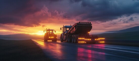 Fototapeta premium Trucks on a Rural Road at Sunset