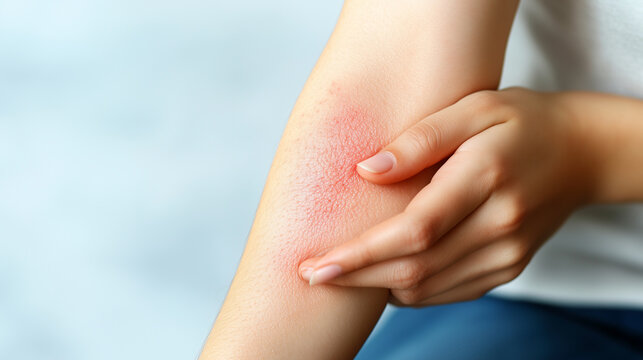 A close-up view of a red, swollen rash on a woman&Atilde;&cent;&Acirc;&Acirc;s forearm. The itchy area is inflamed from an allergic reaction to an insect bite, with the woman's hand shown gently scratching i