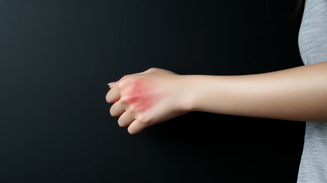 A close-up shot of a woman&Atilde;&cent;&Acirc;&Acirc;s hand scratching her forearm, which is covered in a red, swollen rash from an insect bite. The skin shows clear signs of inflammation, highlighting the