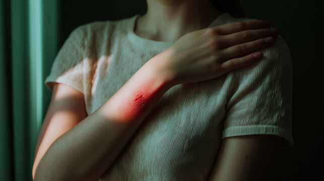 A woman holds her arm, which is swollen and red from an allergic reaction to an insect bite. Her fingers gently scratch the inflamed skin, seeking relief from the persistent itchin