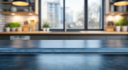 Blurred kitchen background with a blue countertop for product display presentation mockup design