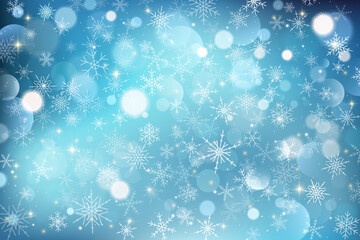 Blue winter background with snowflakes and white bokeh for holiday design. Cold blurred sky with magic falling flakes. New year wallpaper for cards decoration. Vector