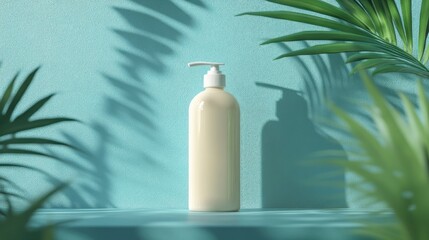 Realistic Body Soap Bottle on Shelf with Green Background