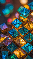 Fototapeta premium Cluster of Colorful Geometric Glass Prisms Illuminated by Warm and Cool Light Sources Creating a Vibrant Abstract Composition with Bokeh Effects