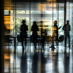 Blurred silhouettes of business professionals in an office conference room, with a leader in orange at the forefront, illustrating teamwork and collaboration in a modern open-space design.


