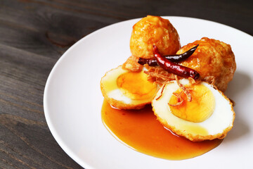 Closeup of Flavorful Thai Famous Homemade Dish Called Kai Look Keuy or Son In Law Eggs