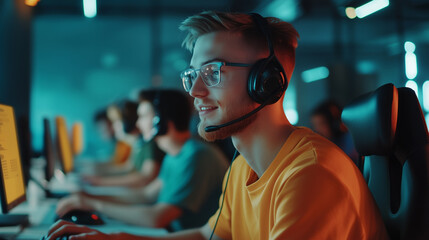 A team of young men and women call center agents in a brightly lit, open-plan office. Each is wearing a headset, actively engaging with customers, and typing on their computers.