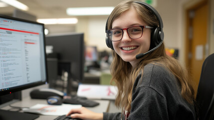 A young woman call center agent, wearing a headset and smiling while helping a customer, with her desk filled with notes and a computer displaying a troubleshooting guide.