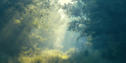 Fototapeta premium Anime cartoon style woodland forest background banner, green trees backdrop wallpaper