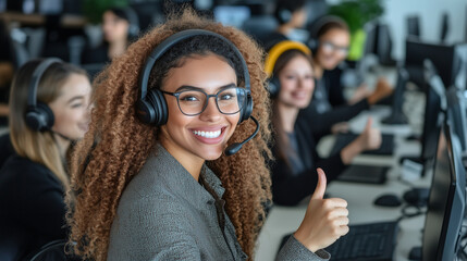 A vibrant office setting with a group of diverse customer service representatives in headsets, smiling warmly and giving a thumbs up to the camera, showing their positive work atmo