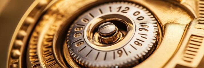 closeup of combination safe lock in shiny golden color