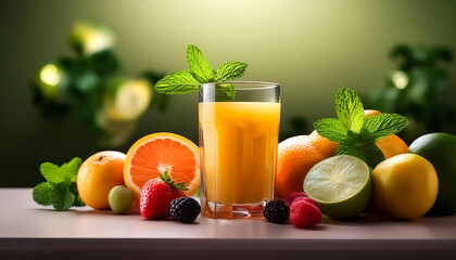 Fototapeta premium glass of fresh juice placed on a table, surrounded by fresh fruits and mint leaves