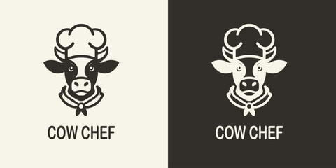 Creative cow chef logo design featuring a cow wearing a chef hat and scarf. Ideal for restaurants, dairy products, food brands, or culinary-related businesses