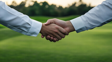 A handshake on a golf course, with the green landscape stretching out behind them, symbolizing a business deal finalized in a casual, yet professional setting.