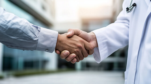 Two hands shaking in front of a hospital or medical facility, symbolizing a healthcare business partnership or medical industry deal.