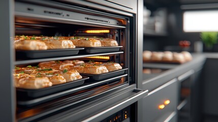 An oven with baked dishes on two racks, illuminated from within, showcasing deliciously prepared food in a modern kitchen setting.