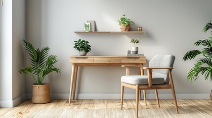 Scandinavian-style solid wood desk with open storage, white oak finish, paired with an armchair and shelf for photos or documents against a light gray wall.