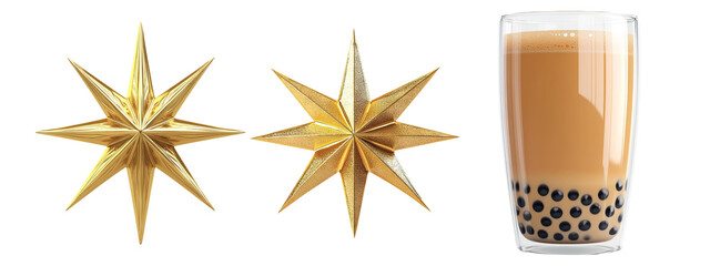 Golden Stars and Bubble Tea Glass On Transparent Background