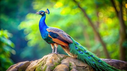 A Regal Peacock Perched on a Moss-Covered Rock, Its Vivid Blue and Green Plumage Gleaming Against a Soft Green Foliage Background.