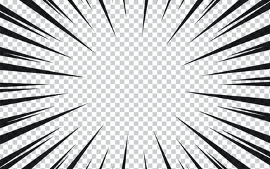 Manga motion radial lines. Anime action frame lines. Abstract explosive rectangle template with speed lines on transparent background.