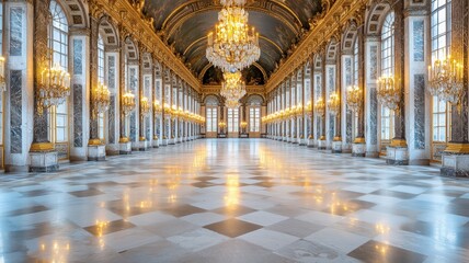Obraz premium A magnificent hall featuring towering marble pillars that create an awe-inspiring architectural design