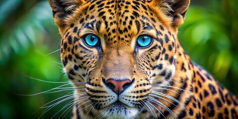 Obraz premium A close-up portrait of a wild cat with piercing blue eyes, its fur patterned in intricate rosettes, its gaze fixed on the viewer, a captivating display of nature's beauty and raw power.