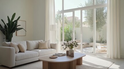 A bright living room featuring contemporary furniture in neutral tones, complemented by natural lighting streaming in from large windows