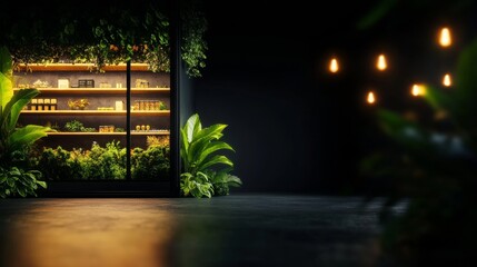 Fototapeta premium Modern interior with plants and shelves under soft lighting.