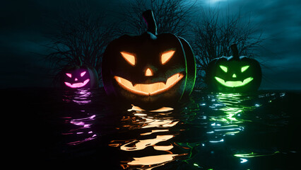 Scary Scene With Creepy Pumpkins With Multicolored Light On Dark Water. Horror Atmosphere Without People. Frightening Halloween Creative Style. Modern 3D Illustration