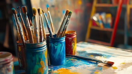 Fototapeta premium Paint brush and paint can