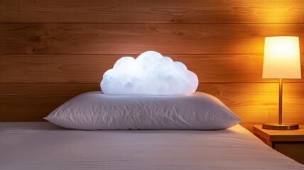 A fluffy, cloud-like pillow resting on a cozy bed, creating a soft and inviting atmosphere.