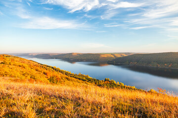 An impressive spacious view of the splendid hills of the Dniester canyon. Bakota Bay, Ukraine, Europe.