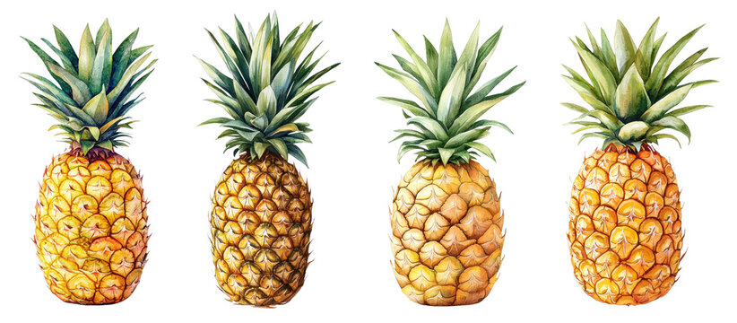 A vibrant watercolor illustration of a pineapple with its green spiky leaves and golden-yellow body, set against a transparent background for a tropical and refreshing feel.