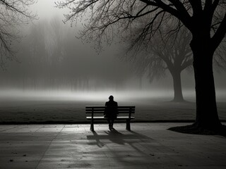 Fototapeta premium Solitude in the Mist black and white bench and tree