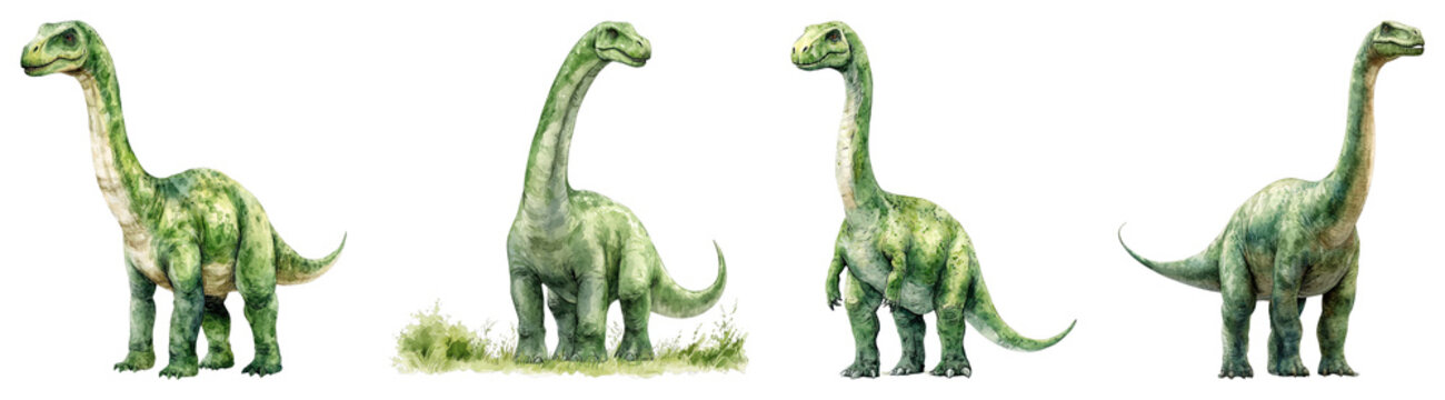A gentle watercolor illustration of a tall Brachiosaurus, its long neck stretching upwards, placed on a transparent background.