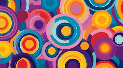 Colorful abstract background of overlapping circles in blue, yellow, red, pink and purple.