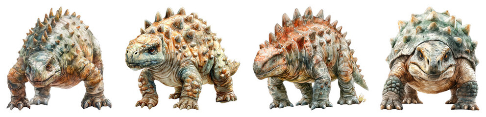 Fototapeta premium A striking watercolor illustration of an armored Ankylosaurus, with its clubbed tail and spiky body, shown on a transparent background.
