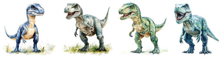 Fototapeta premium A fierce watercolor illustration of an Allosaurus, roaring with sharp teeth visible, centered on a transparent background.