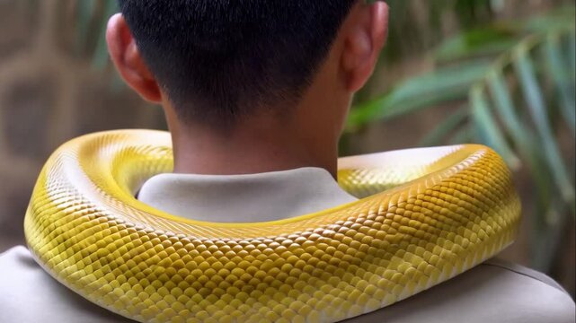 A Burmese Python Moving on Its Owner's Shoulders