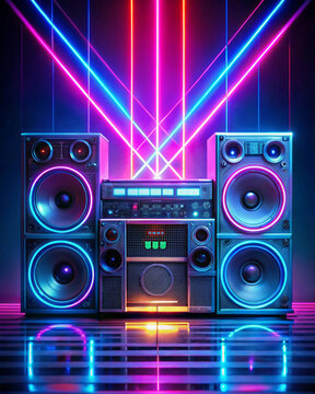 A classic tape deck stereo system with glowing neon speakers