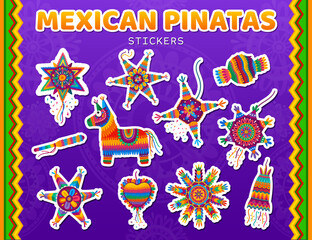 Mexican pinata stickers for holiday fiesta with Latin ornament patterns, vector icons. Cartoon Mexican stickers of pinata Lama, star and heart for birthday fiesta party and Mexico holiday celebration © Vector Tradition