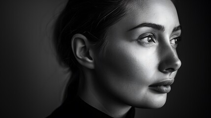Fototapeta premium A minimalist black and white portrait of a model with a serene expression, framed by high contrast lighting that draws attention to the facial features. 8k UHD, suitable for high-quality printing 