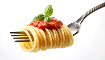 Spaghetti on a fork with tomato sauce and basil leaf on a white background