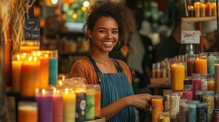 A thriving small business market stall selling handmade candles, vibrant display, smiling owner interacting with customers