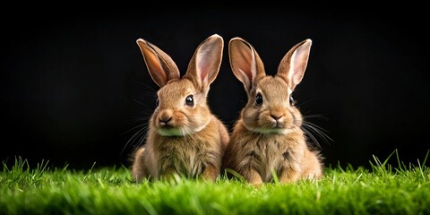 Fototapeta premium Two brown rabbits sit in a patch of lush green grass, their whiskers twitching as they gaze intently at the camera.