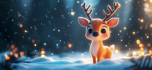 Cute cartoon reindeer standing in snowy forest with twinkling lights.
