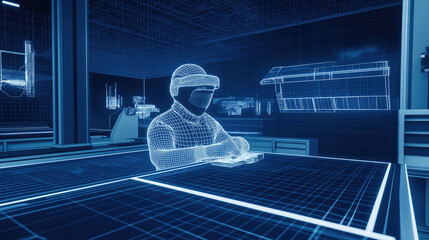 A person working in a virtual reality environment with advanced digital interfaces. 3D computer image of a man wearing reality glasses