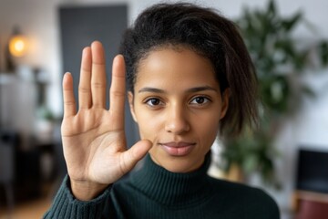 Woman standing alone in a quiet room, holding a small sign with a coat hanger symbol, representing abortion rights, with ample copy space for text or design.